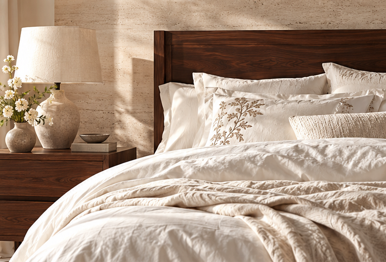 Bed dressed in ivory linen with an embroidered pillow and a stone lamp