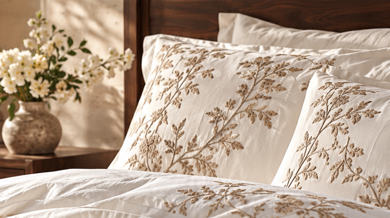 Embroidered bridal pillowcases with white flowers on the nightstand