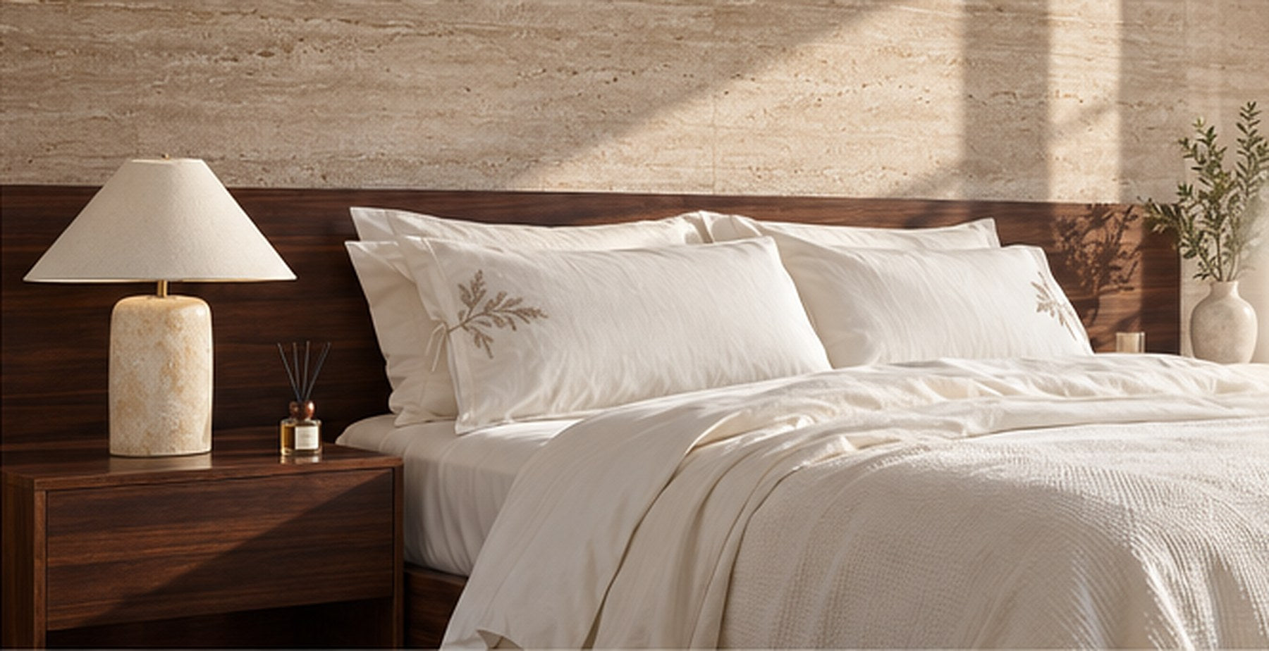 A bed dressed in ivory cotton against a travertine wall